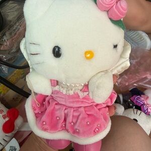 Hello Kitty White Plush in Pink Velvet Dress with Pearl Accents